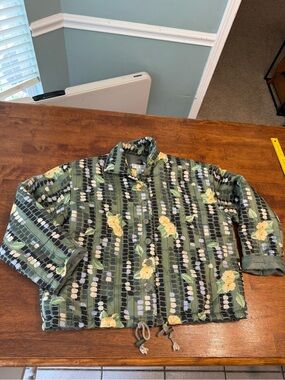 VTG Bogari 100% Silk Jacket Womens M Green Striped Geometric Yellow Floral